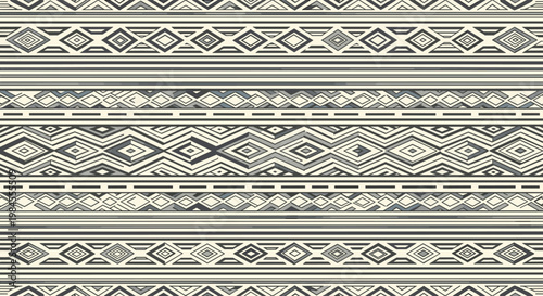 Traditional ethnic tribal pattern featuring intricate geometric shapes and diamond motifs in a neutral color palette of beige and grey.