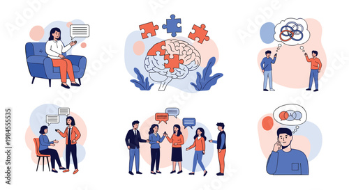 Various flat illustrations of people engaging in conversations, problem solving, and reflecting on mental health concepts.