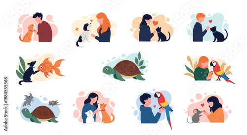 Heartwarming collection of people bonding with their diverse pets including dogs, cats, birds, a turtle, a fish, and a mouse.