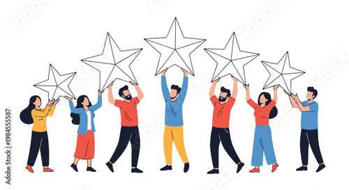 Group of diverse people holding up five large yellow stars together to represent a high rating, success, and positive customer feedback.