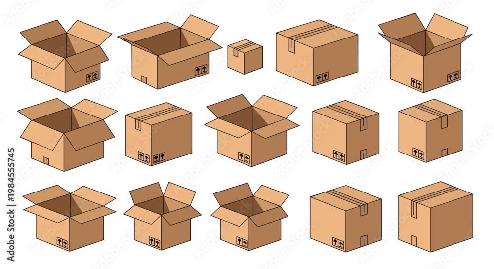 Fototapeta premium Collection of various corrugated cardboard boxes in different sizes and states including open, closed, and sealed with tape.