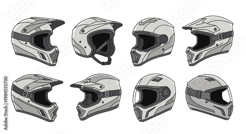 Collection of various motorcycle helmet designs includes full-face and motocross styles shown from different angles in grey.