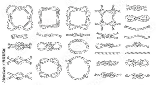 Extensive collection of nautical rope knots and frames features various twisted cord designs for marine or decorative themes.