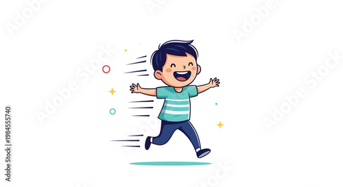 Cheerful cartoon boy runs with excitement and open arms through a playful space decorated with stars and colorful bubbles.