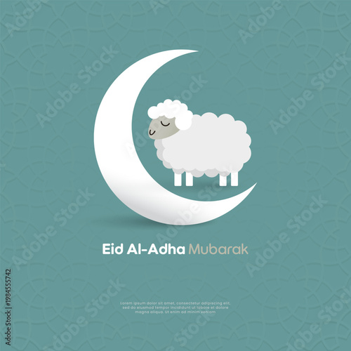 Adorable Eid Al-Adha Mubarak greeting poster featuring a cute white sheep standing on a large white crescent moon over a teal geometric background