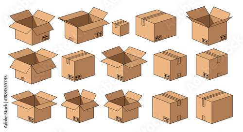Collection of various corrugated cardboard boxes in different sizes and states including open, closed, and sealed with tape.