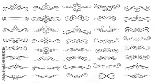 Large collection of decorative calligraphic dividers and vintage ornaments adds a touch of elegance to graphic design projects.