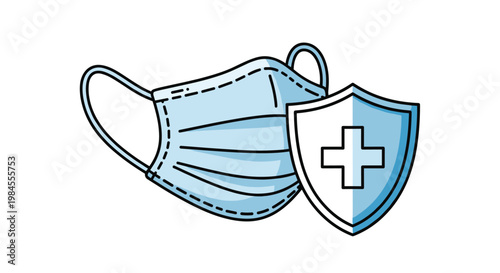 Protective light blue medical face mask is shown next to a shield icon with a white cross symbolizing health and safety measures.