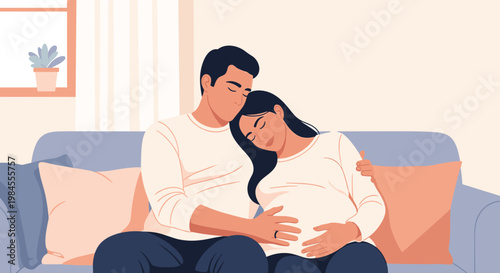 Loving couple sits together on a sofa while the man gently touches the pregnant woman's belly in a cozy home environment.