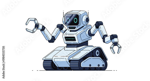Sophisticated industrial robot with a screen face and tank treads is designed for complex tasks and automated manufacturing.