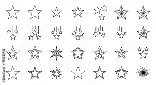 Extensive collection of star icons showcases various styles from simple outlines to decorative patterns and shooting star effects.