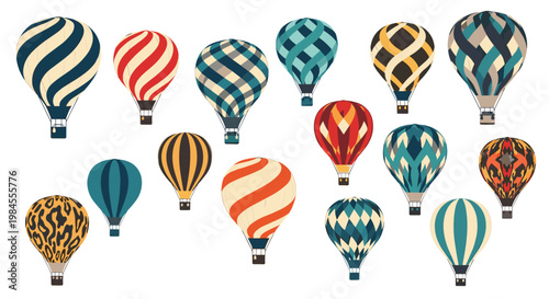 Collection of colorful hot air balloons with various decorative patterns and designs isolated on white background for travel concept.