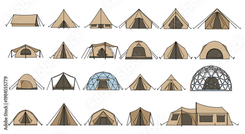 Large set of different camping tent styles and structures shown in flat design icons isolated over a plain white background for hiking.