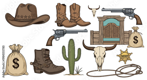 Collection of wild west themed icons includes cowboy hats, boots, revolvers, a sheriff star, money bags, and desert elements.