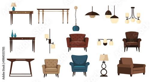 Interior design elements collection featuring various wooden tables comfortable armchairs and stylish lighting fixtures for home decor.