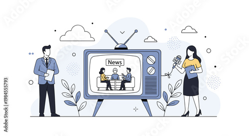 News broadcast scene featuring a television set displaying a talk show with two news anchors reporting the latest stories in a studio.