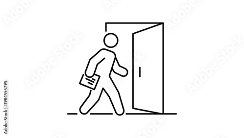 Exit Interview Vector Icon: A minimalist black line illustration of a person silhouette walking through an open door holding a document, symbolizing job resignation, career change, or departure.