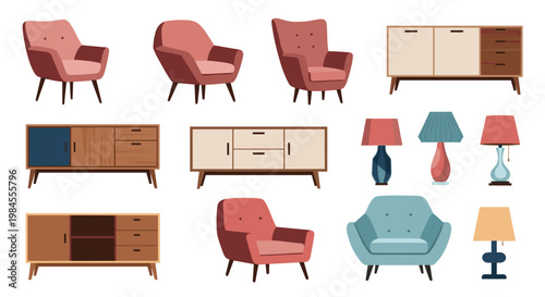 Stylish mid-century modern furniture set including armchairs sideboards and lamps in warm earthy tones for interior design mockups.