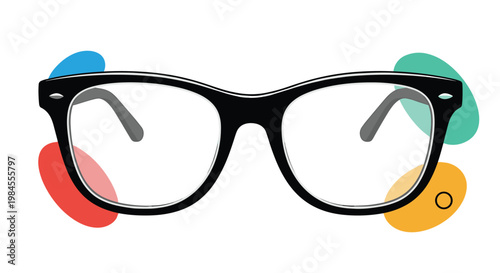 Classic black rimmed eyeglasses with clear lenses surrounded by colorful abstract oval shapes and dots isolated on a white background.