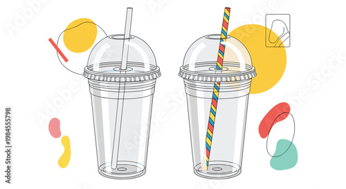 Pair of clear plastic takeaway drink cups with dome lids and colorful straws accompanied by abstract organic shapes and squiggles.