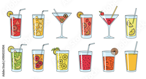 Collection of colorful tropical cocktails and juices in various glassware decorated with fruit slices and straws for a summer theme.