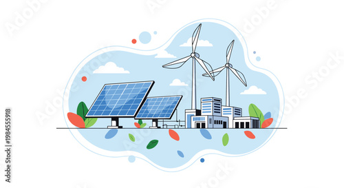 Sustainable clean energy concept with solar panels wind turbines and a power station building surrounded by colorful organic leaves.