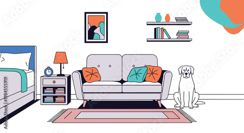 Cozy living room interior scene featuring a modern sofa with colorful cushions a bedside table and a large white dog sitting on a rug.