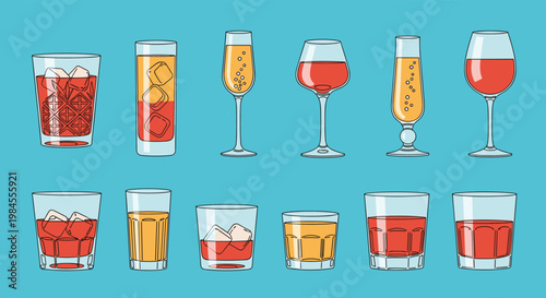 Assorted alcoholic drinks including wine champagne and whiskey served in various elegant glassware on a solid blue background for a bar.