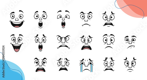 Extensive set of cartoon facial expressions showing various emotions including joy surprise anger and sadness in a black line art style.