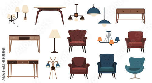 Collection of mid-century modern furniture and lighting fixtures including armchairs, desks, floor lamps, and chandeliers isolated on white.