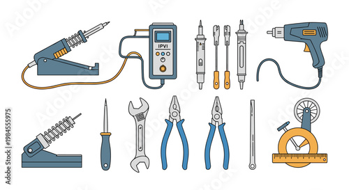 Electronic and mechanical repair tools including soldering irons a multimeter pliers and wrenches for technical maintenance and DIY.