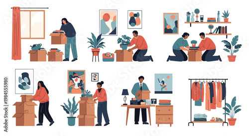 Scenes of people packing belongings into cardboard boxes for a house move including furniture plants and clothes in a colorful flat style.