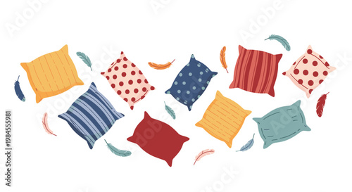 Group of colorful patterned throw pillows and soft feathers floating in a playful arrangement on a white background.