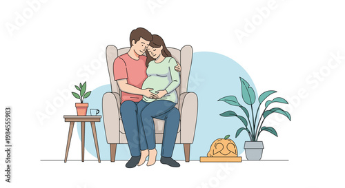 Happy pregnant couple sitting together in a cozy armchair at home surrounded by plants in a warm peaceful scene.
