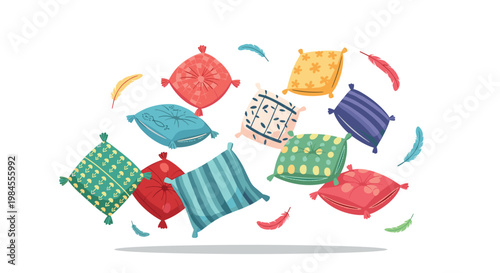 Playful arrangement of colorful patterned cushions and floating feathers flying through the air for home decor themes.