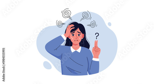 Concerned woman with swirling thoughts around her head expressing stress, anxiety, or confusion in a flat design style.