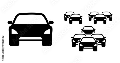 A collection of black car icons, including one large frontview and multiple smaller car symbols, representing various automotive concepts like traffic, fleet, or transport solutions.