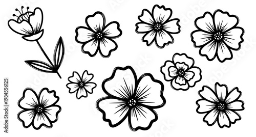 Hand drawn black floral doodle icon set with artistic flower outlines isolated on white background
Keywords: