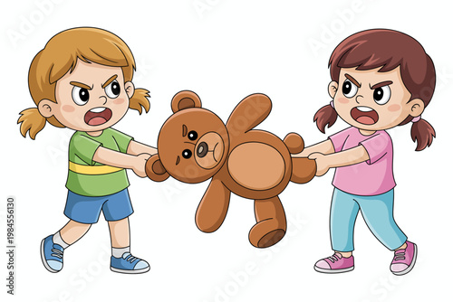 Aggressive girls fighting over teddy bear toy pulling stuffed animal with angry expressions and open mouths in kindergarten conflict scene.