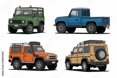 Classic off road four wheel drive vehicles collection featuring pickup truck and suv models in various colors for outdoor adventure travels.