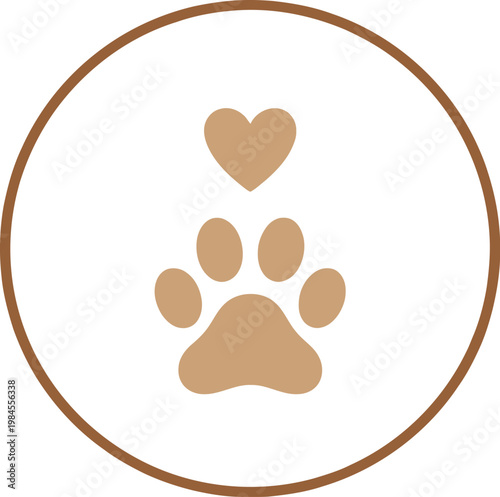 Paw Print and Heart in Circle Frame Vector Icon, Minimal Pet Love Symbol