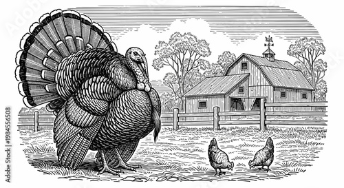 Turkey and hens on farm