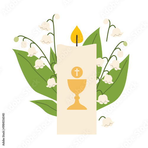 holy communion candle and lily of the valley flowers; design element for first holy communion invitations and greeting cards - vector illustration