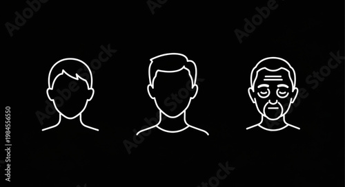 Three human faces showing different stages of aging from young to old.