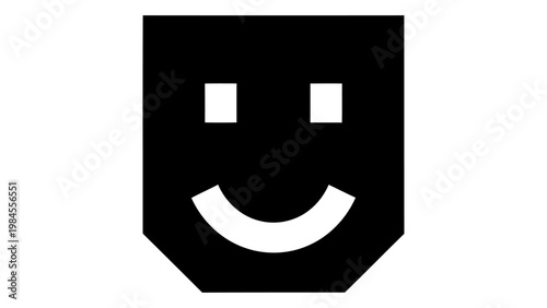 Simple Black Glyph Icon of a Happy Face with Square Eyes and Smiling Mouth