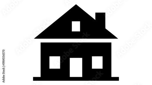 Simple black glyph icon of a house with chimney and windows on a white background