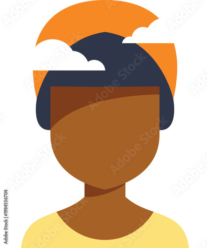 Person's thoughts filled with a sunset over mountains and clouds