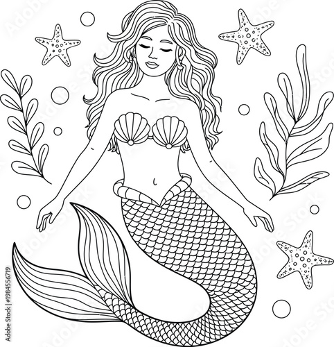 Elegant mermaid with flowing hair and seashell bra, surrounded by starfish and seaweed, black and white line art vector illustration
