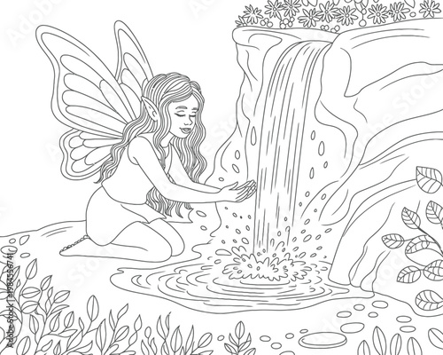 Enchanting fairy with butterfly wings kneeling by a gentle waterfall, cupping water in her hands, line art vector illustration
