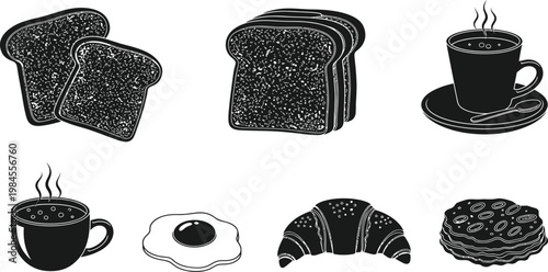 Black Breakfast Food Silhouette Icon Set with Bread, Coffee, Fried Egg, Croissant and Pancake on White